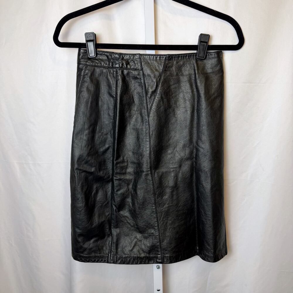 Toffs Genuine Leather Pencil Skirt Black Side Zip Slit Size 8‎ Office Minimalist